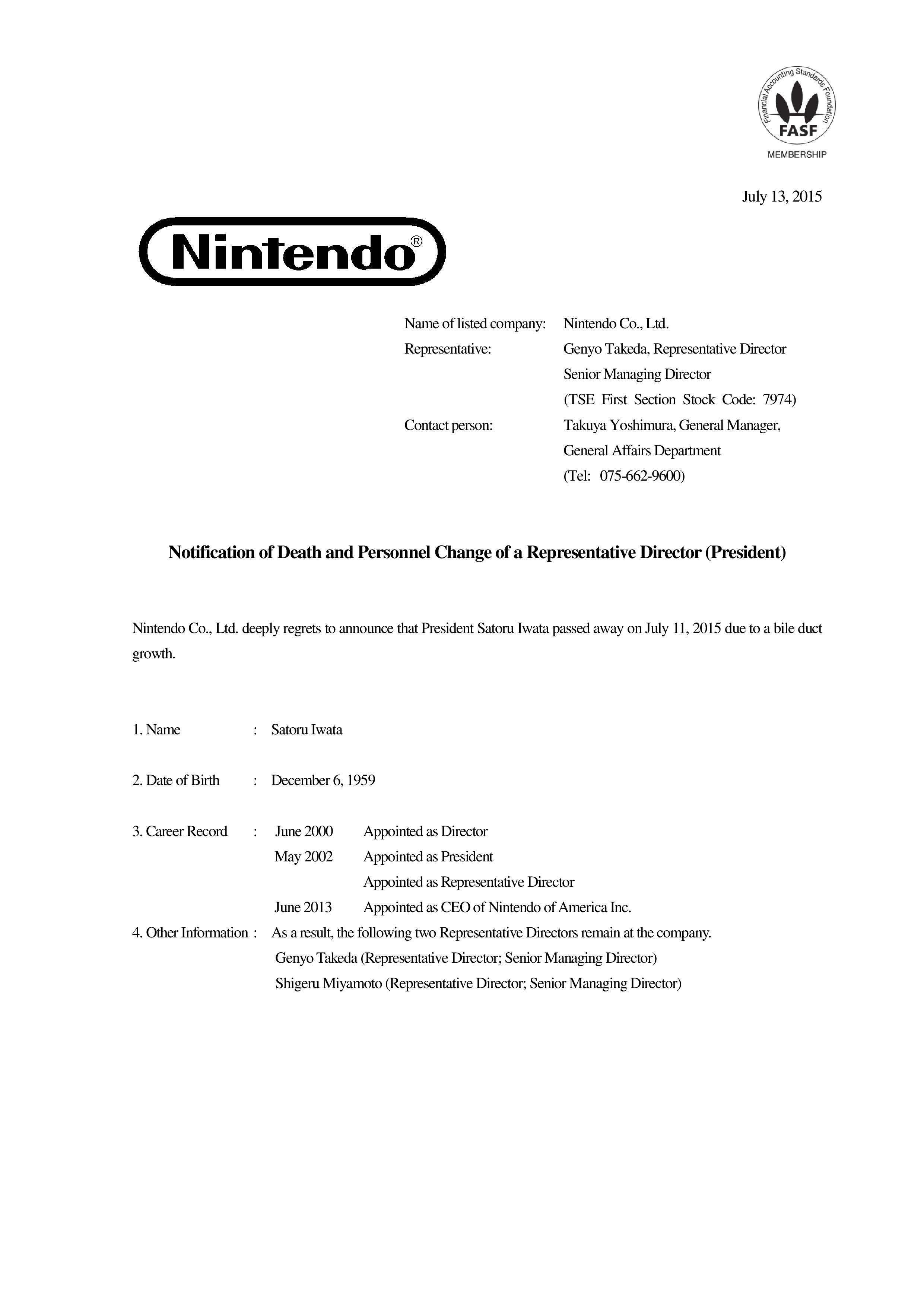 Nintendo president Satoru Iwata passes away