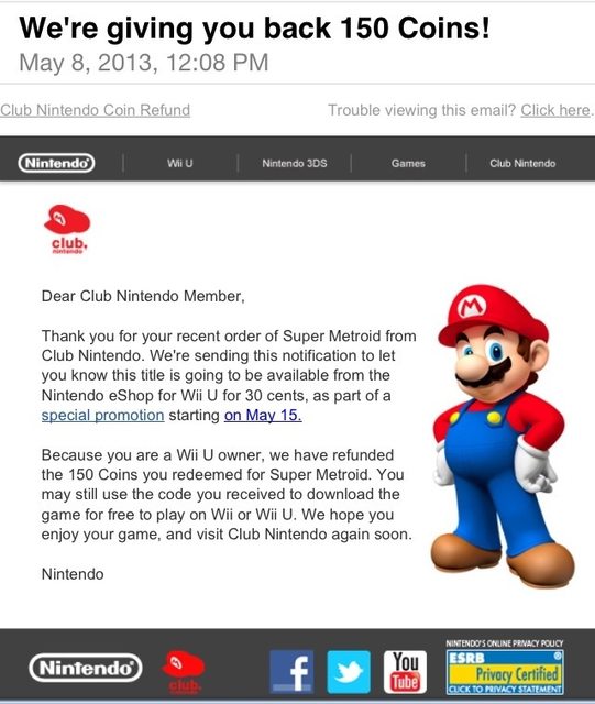 enorm Reduktion fjerne Nintendo refunds Club Nintendo Wii U owners for Super Metroid orders