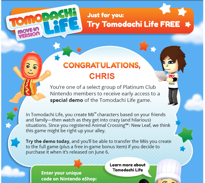 Select Platinum members on Club Nintendo receiving access to "Move-in" Tomodachi Life demo ...