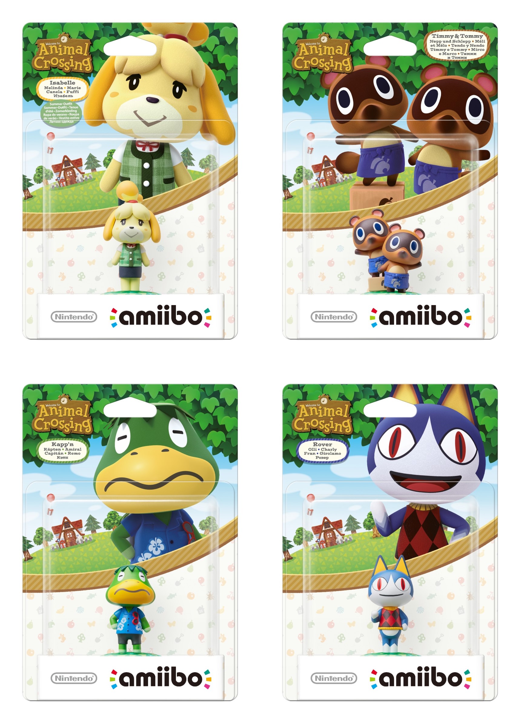 Isabelle, Tommy and Timmy, Kapp'n, Rover amiibo packaging