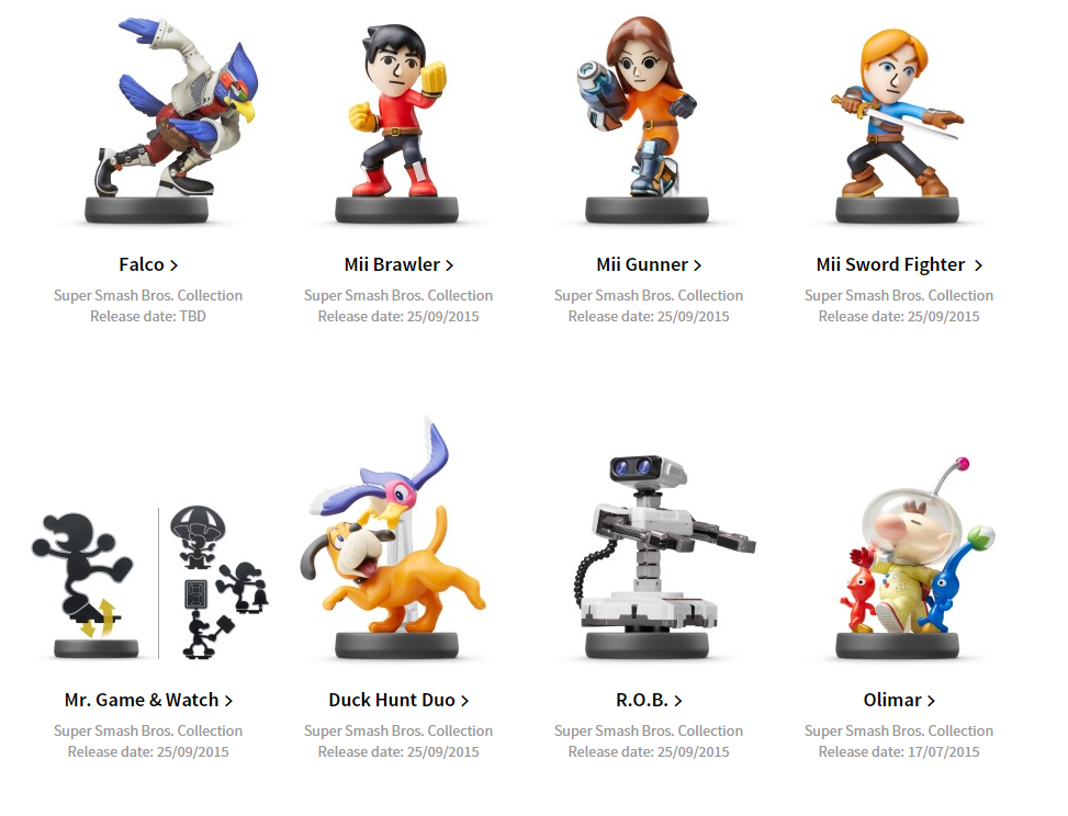 Update: Sept. 10 in - Mii Fighter, Mr. Game & Watch, Duck Hunt Duo, and R.O.B. amiibo out in Europe Sept. 25