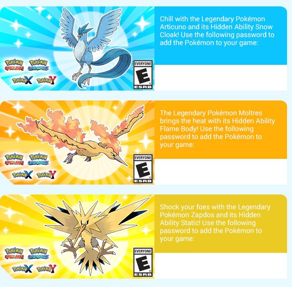 Zapdos, Articuno, Moltres with Hidden Abilities to be distributed via codes  in newsletter - Bulbanews