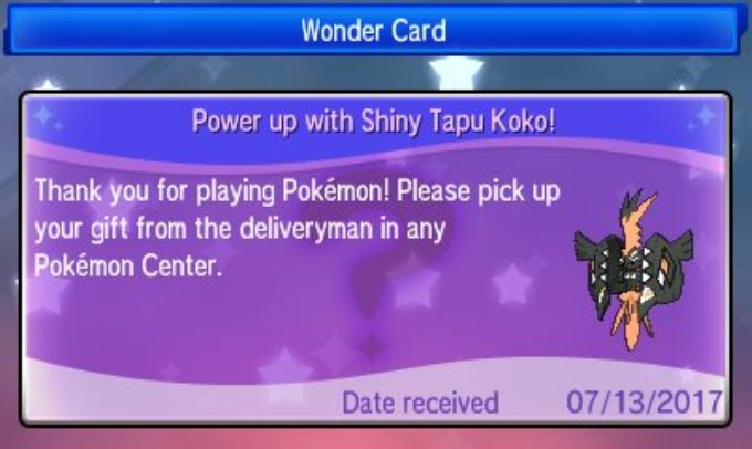 Japan - shiny Tapu Koko being distributed to Pokemon Sun/Moon